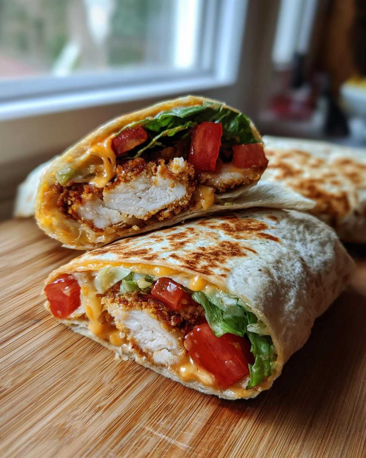 A crispy chicken wrap cut in half, showing crispy chicken, lettuce, tomatoes, and cheese sauce, ready to eat.