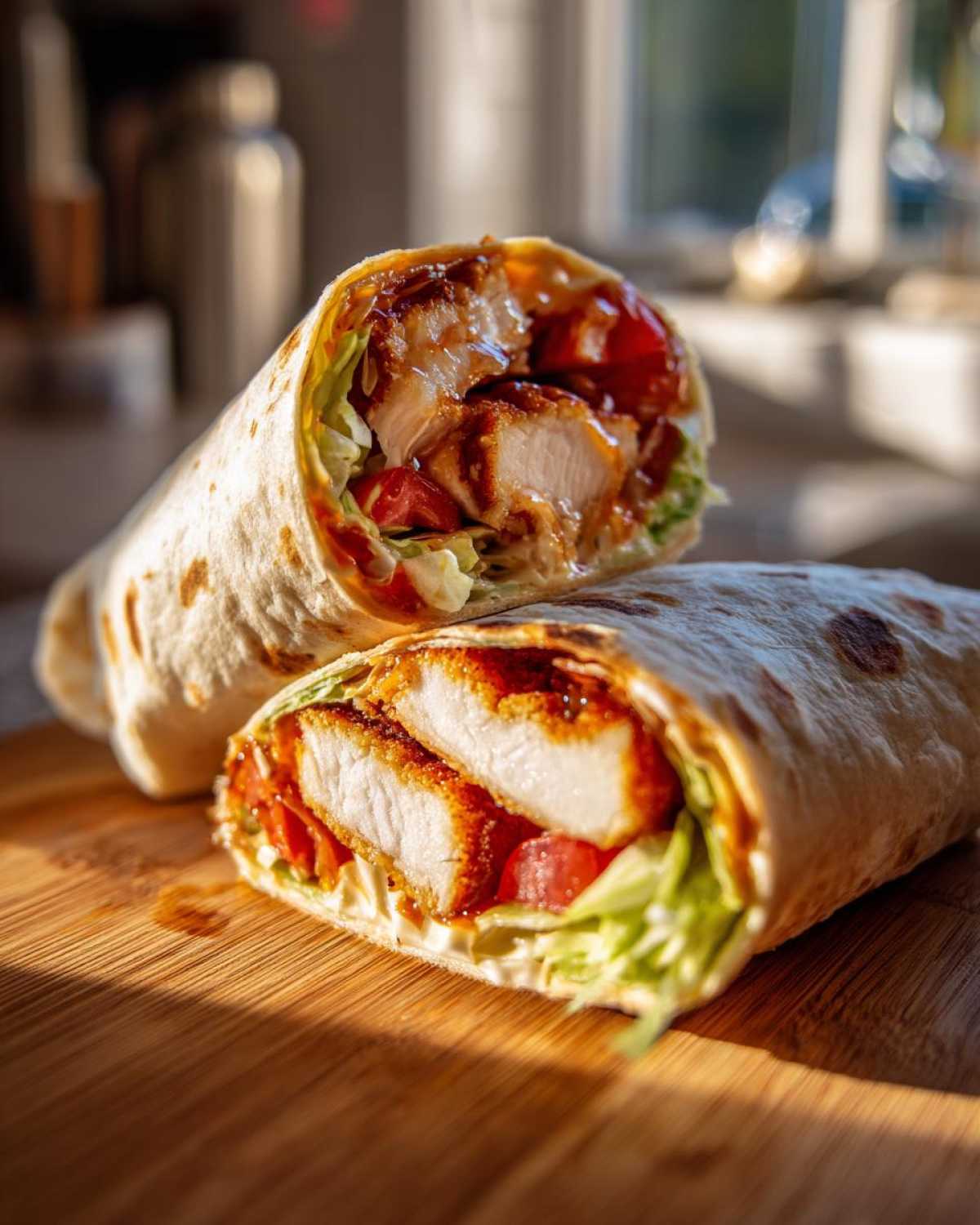 A Crispy Chicken Wrap with Honey Garlic Sauce cut in half, showing crispy chicken, lettuce, and tomatoes inside a tortilla.