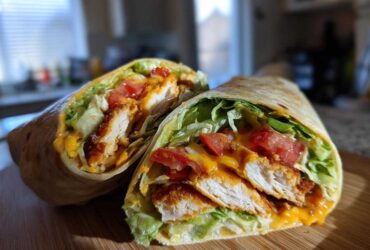 Cross-section of a Crispy Chicken Wrap with Honey Garlic Sauce, showing crispy chicken, lettuce, and tomatoes.