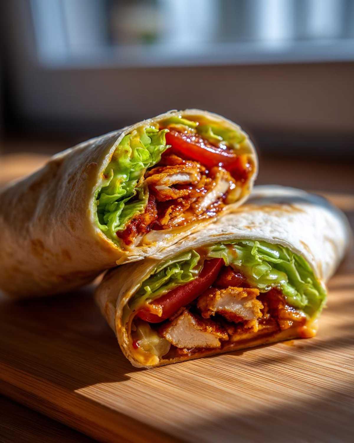 A cross-section view of a Crispy Chicken Wrap with Honey Garlic Sauce, showing crispy chicken, lettuce, and tomato inside a tortilla.