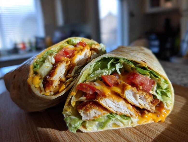 Cross-section of a Crispy Chicken Wrap with Honey Garlic Sauce, showing crispy chicken, lettuce, and tomatoes.