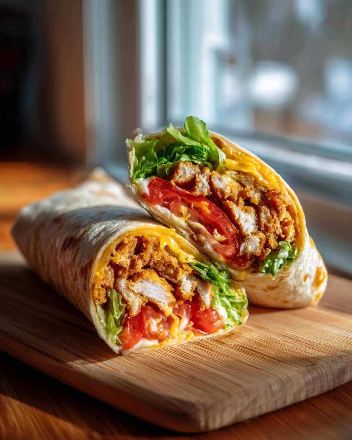 A halved Crispy Chicken Wrap with Honey Garlic Sauce showing crispy chicken, lettuce, tomatoes, and cheese on a wooden board.