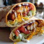 Two halves of a Crispy Chicken Wrap with Spicy Ranch Sauce showing crispy chicken, lettuce, tomato, and cheese.
