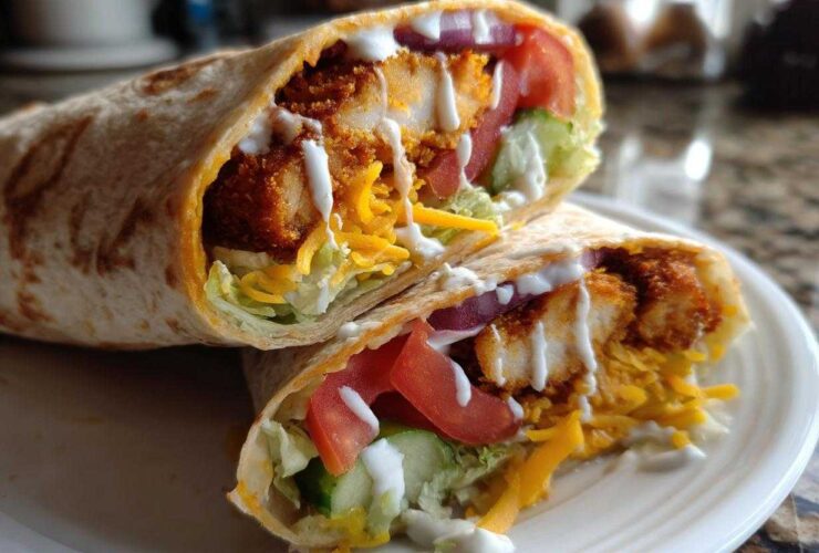 Two halves of a Crispy Chicken Wrap with Spicy Ranch Sauce showing crispy chicken, lettuce, tomato, and cheese.
