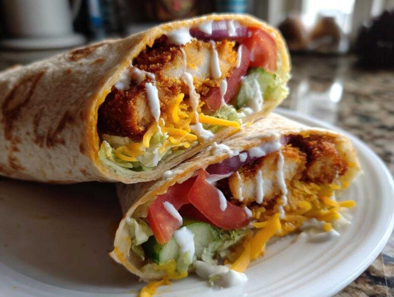 Two halves of a Crispy Chicken Wrap with Spicy Ranch Sauce showing crispy chicken, lettuce, tomato, and cheese.