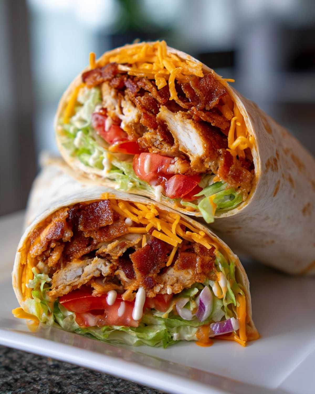 A close-up of a Crispy Chicken Wrap with Spicy Ranch Sauce cut in half, showing crispy chicken, bacon, lettuce, tomato, and cheese.