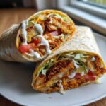 Cross-section view of a Crispy Chicken Wrap with Spicy Ranch Sauce, showing crispy chicken, lettuce, tomato, and pickles.