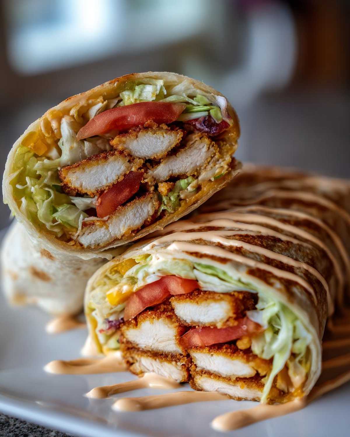 Two halves of a Crispy Chicken Wrap with Spicy Ranch Sauce, showing crispy chicken, lettuce, and tomato filling.