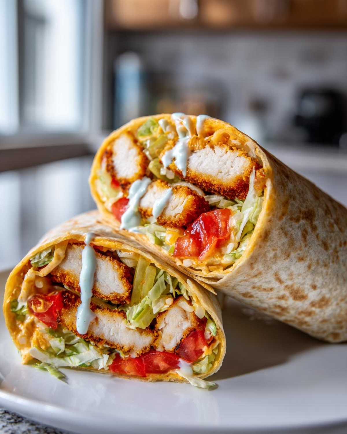 A crispy chicken wrap cut in half, revealing crispy chicken pieces, lettuce, tomatoes, and a drizzle of spicy ranch sauce.
