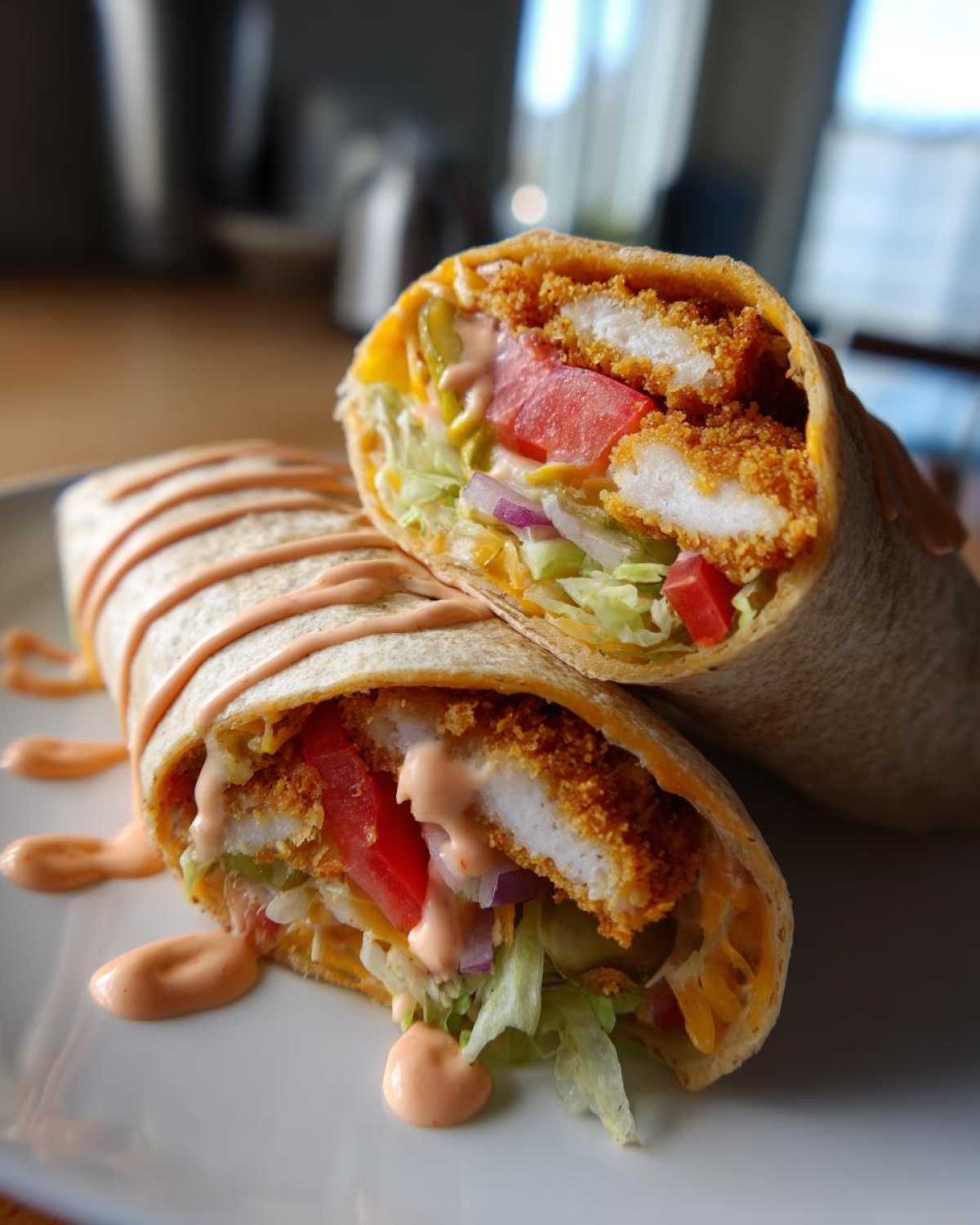 A cross-section view of a Crispy Chicken Wrap with Spicy Ranch Sauce, showing crispy chicken, lettuce, tomato, and cheese.