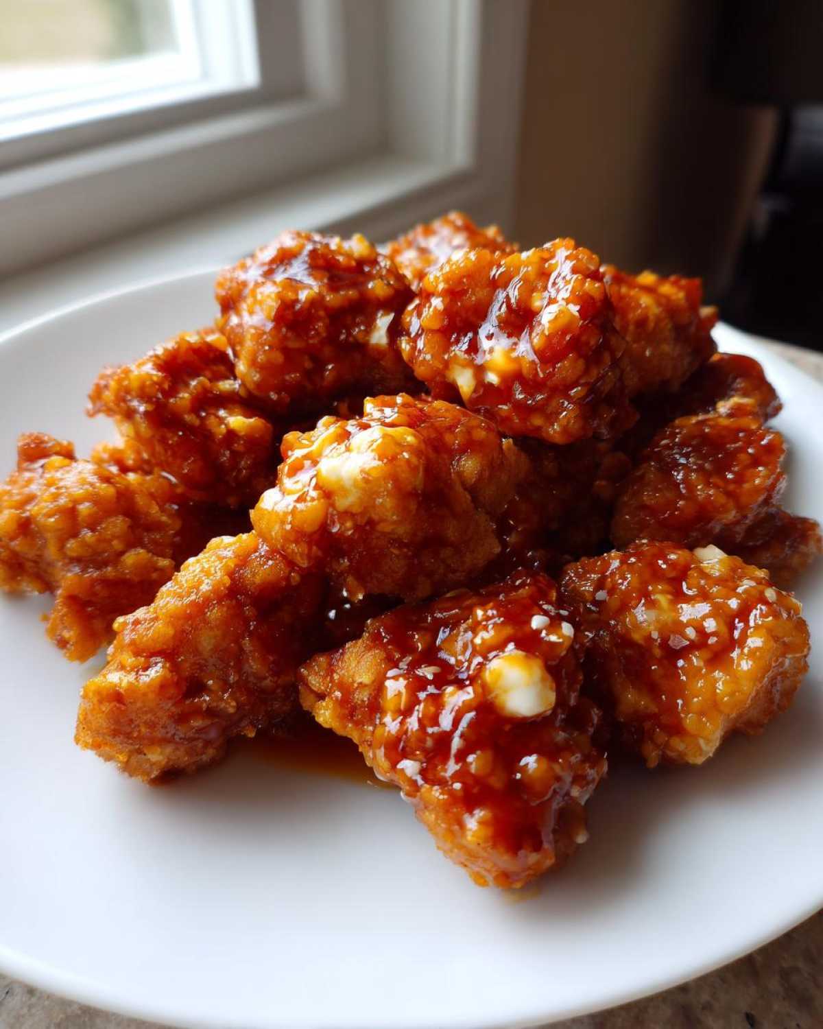 A pile of golden and juicy Crispy Honey Butter Chicken Bites coated in a shiny, thick glaze on a white plate.