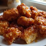 A pile of golden brown Crispy Honey Butter Chicken Bites coated in a thick, glossy honey glaze on a white plate.