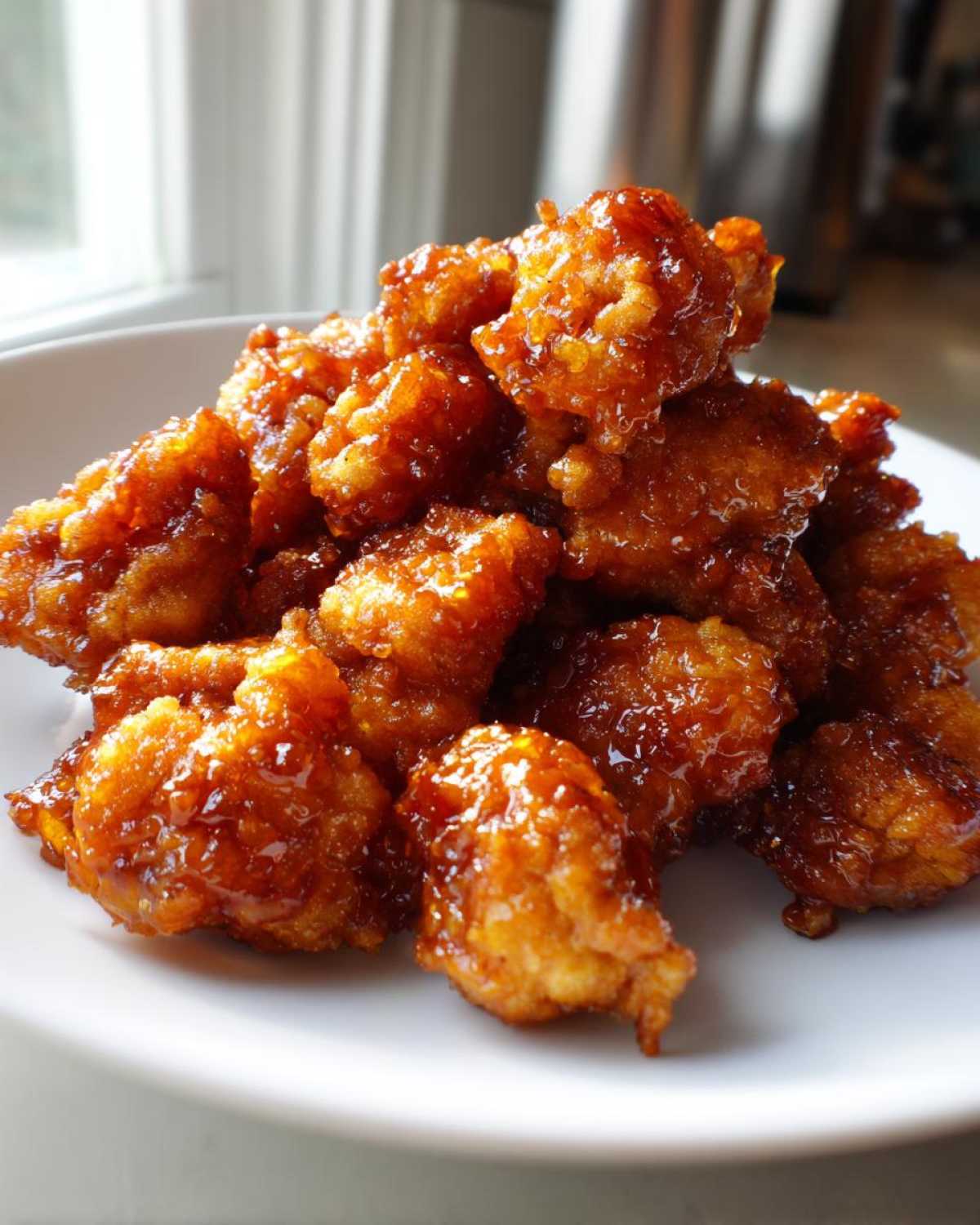 A close-up of golden and juicy Crispy Honey Butter Chicken Bites piled high on a white plate.