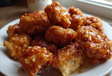 A pile of golden brown Crispy Honey Butter Chicken Bites coated in a thick, glossy honey glaze on a white plate.