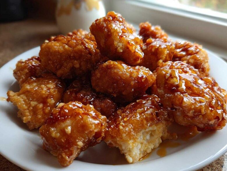A pile of golden brown Crispy Honey Butter Chicken Bites coated in a thick, glossy honey glaze on a white plate.