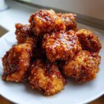 Close-up of golden, glossy Crispy Honey Butter Chicken Bites piled high on a white plate.