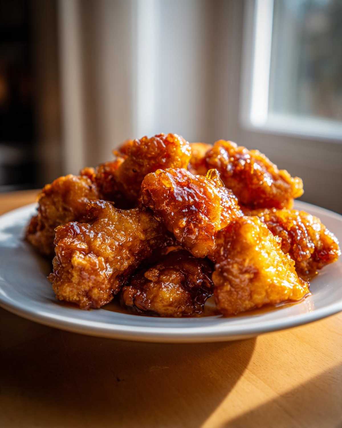 A pile of golden and juicy Crispy Honey Butter Chicken Bites coated in a shiny glaze, served on a white plate.