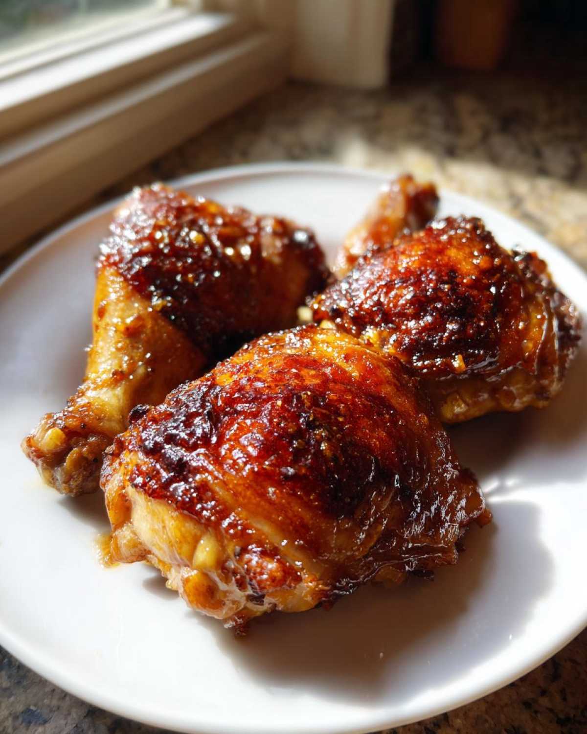 Three pieces of Honey Garlic Chicken Thighs with crispy, glazed skin resting on a white plate.