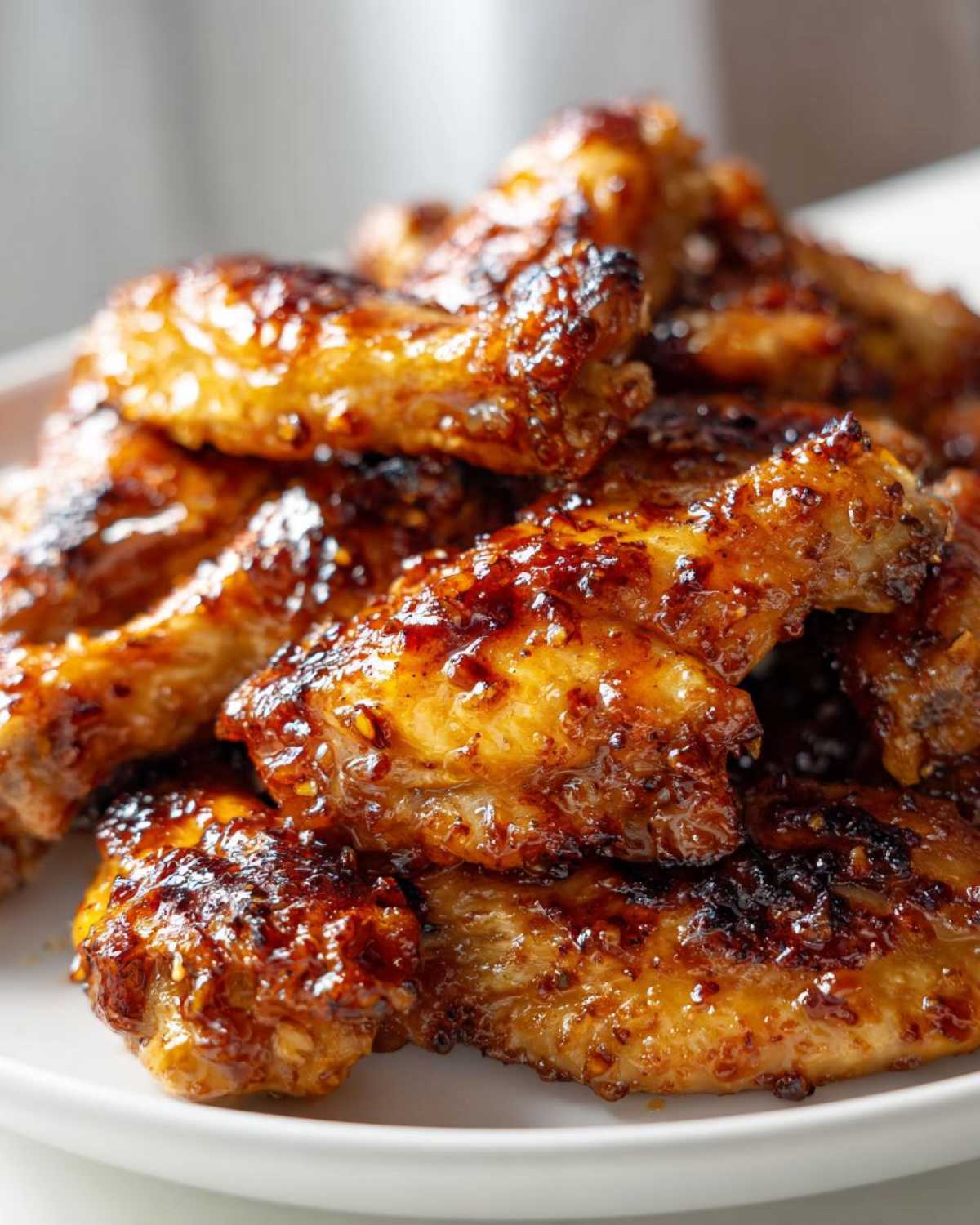 Close-up of a pile of crispy oven baked Honey Garlic Chicken Wings glistening with a sticky glaze.