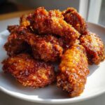 Close-up of several crispy Honey Garlic Chicken Wings Oven Baked piled on a white plate, glistening with sauce.