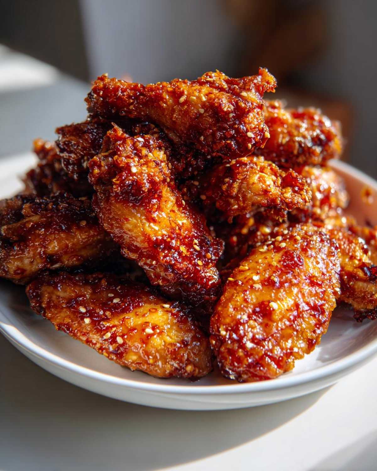 A close-up of a pile of crispy Honey Garlic Chicken Wings Oven Baked, coated in a sticky, dark glaze and sprinkled with sesame seeds.