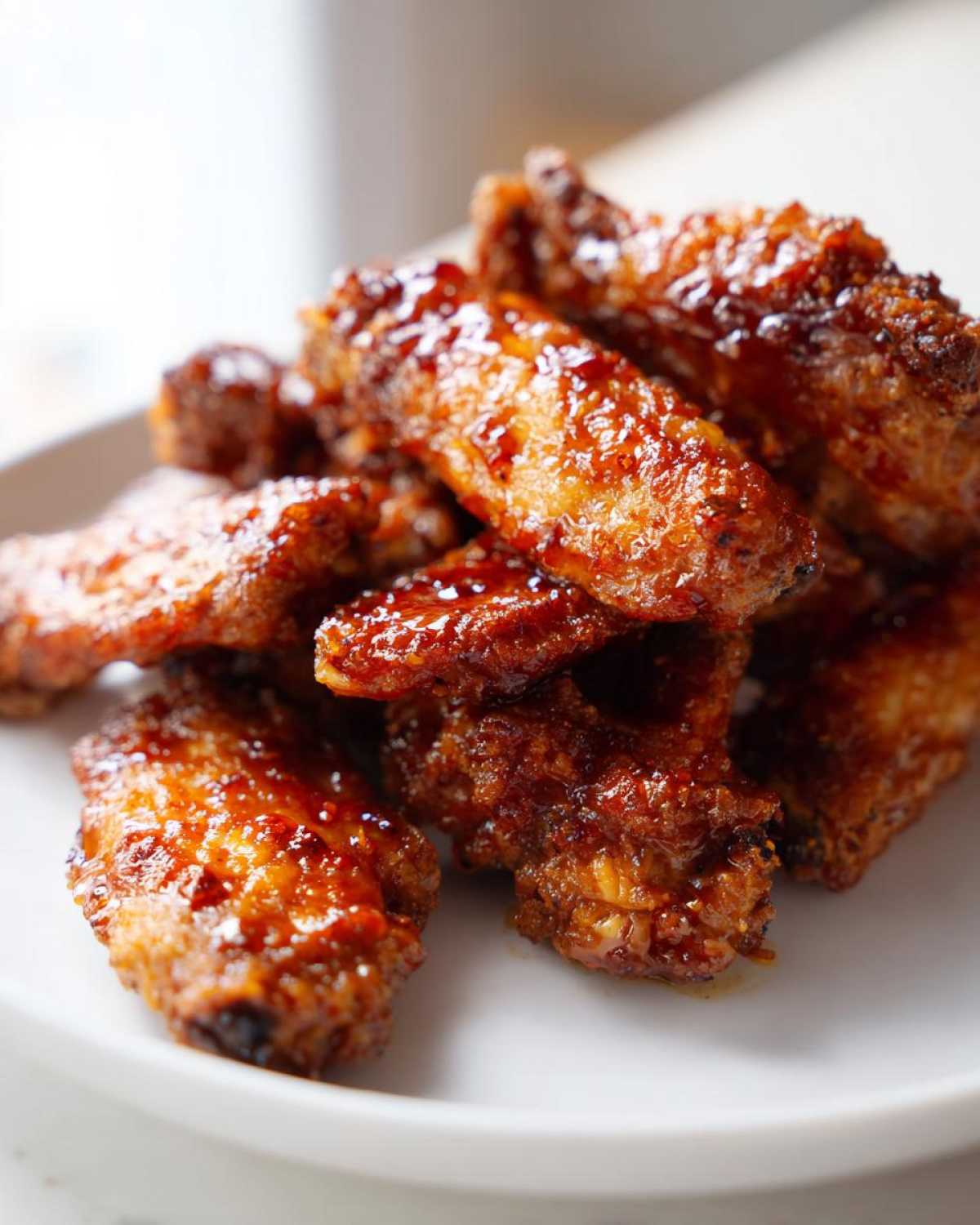 Close-up of crispy oven baked Honey Garlic Chicken Wings coated in a shiny, sticky glaze.