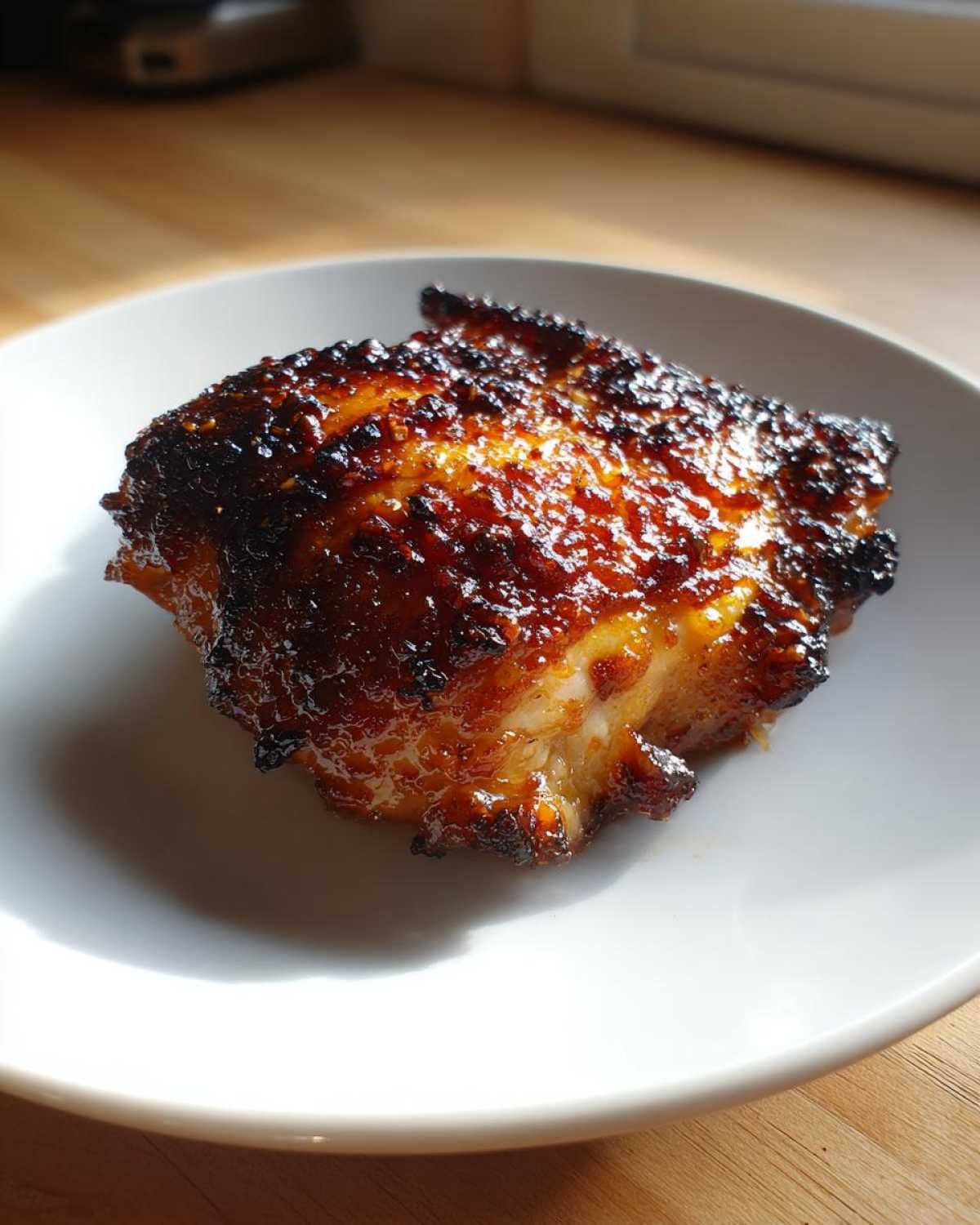 Close-up of a perfectly cooked Honey Soy Chicken Thighs with crispy, caramelized edges.