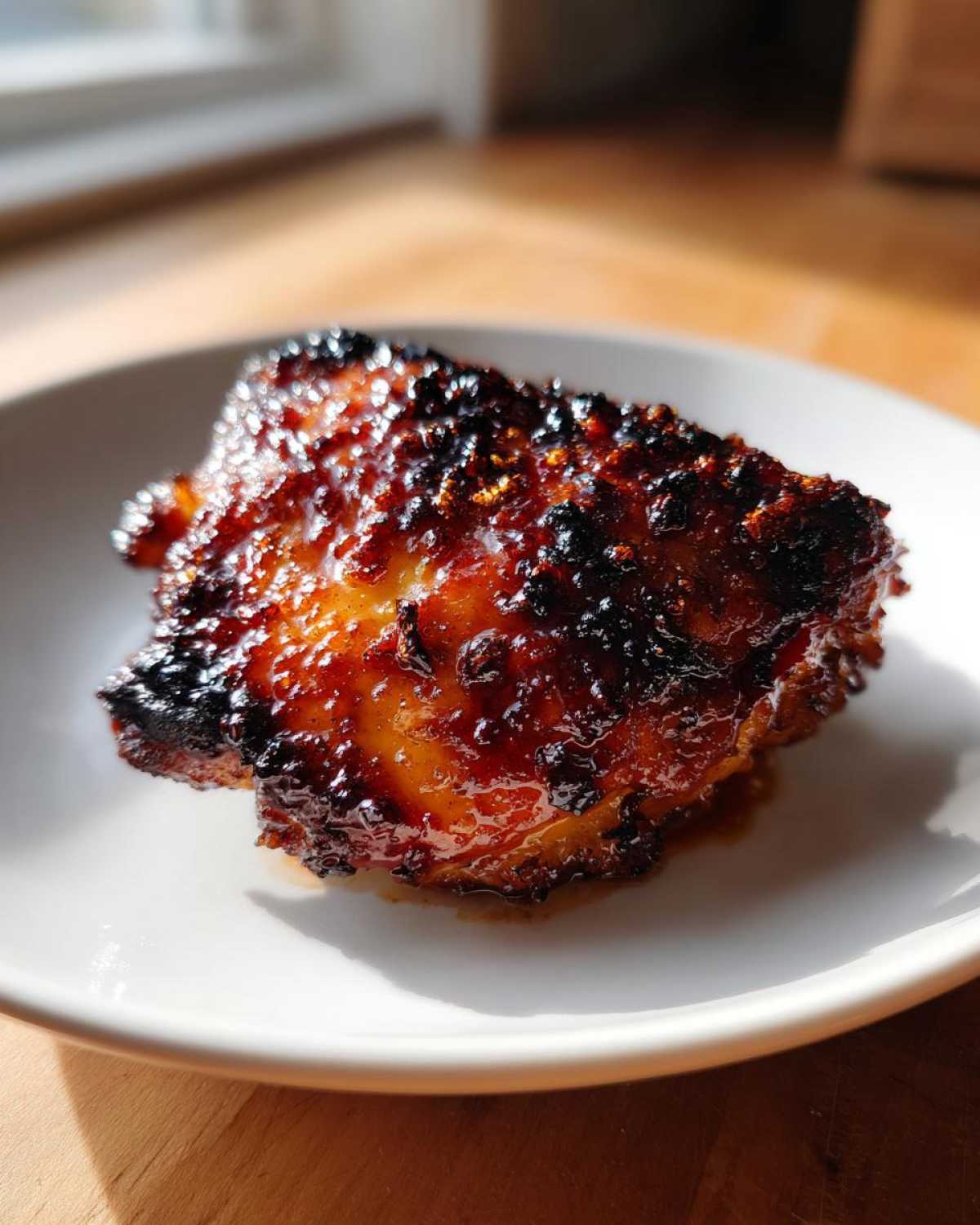 Close-up of a single Honey Soy Chicken Thighs with crispy, caramelized edges on a white plate.