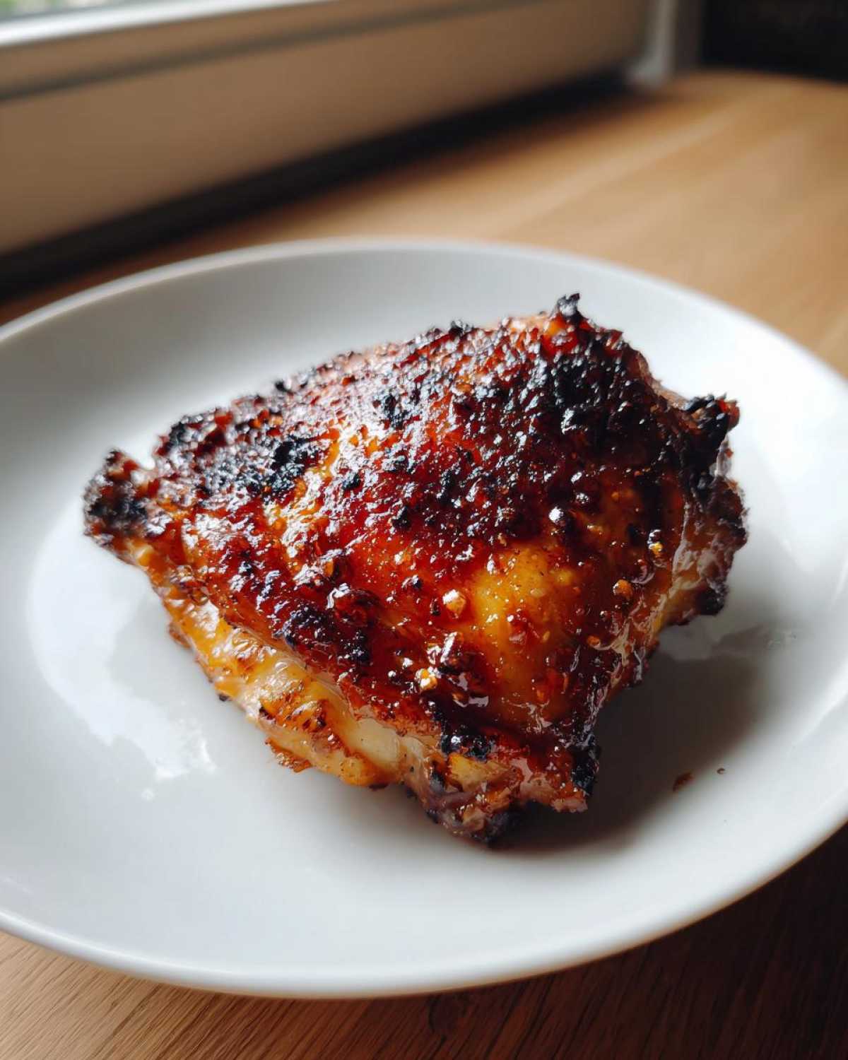 Close-up of a single Honey Soy Chicken Thighs with crispy, caramelized edges on a white plate.