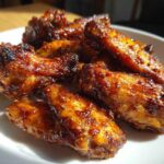 Close-up of glistening, crispy oven baked Honey Garlic Chicken Wings piled on a white plate.