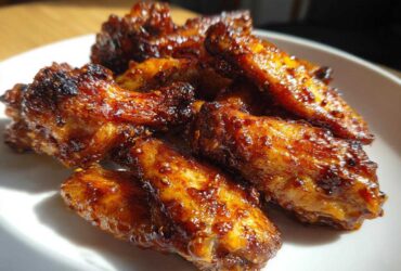 Close-up of glistening, crispy oven baked Honey Garlic Chicken Wings piled on a white plate.