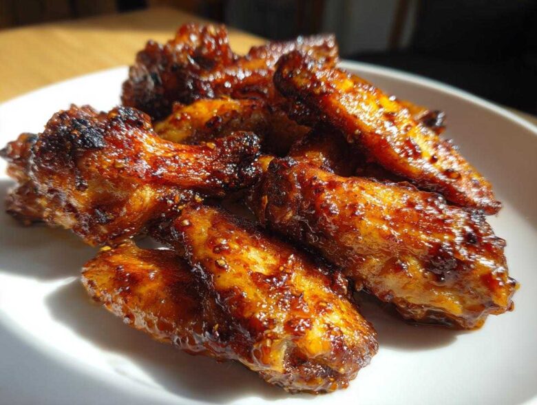 Close-up of glistening, crispy oven baked Honey Garlic Chicken Wings piled on a white plate.