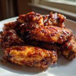 A pile of crispy oven baked Honey Sriracha Chicken Wings glistening with glaze on a white plate.