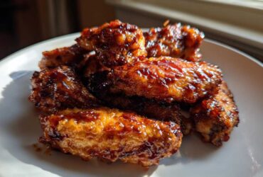 A pile of crispy oven baked Honey Sriracha Chicken Wings glistening with glaze on a white plate.