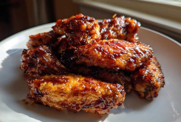 A pile of crispy oven baked Honey Sriracha Chicken Wings glistening with glaze on a white plate.