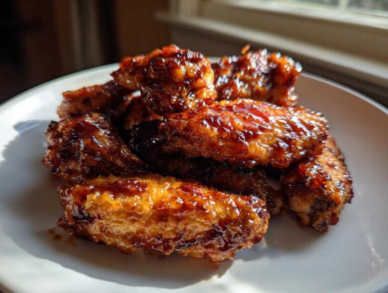 A pile of crispy oven baked Honey Sriracha Chicken Wings glistening with glaze on a white plate.