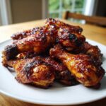 A pile of perfectly cooked Sticky Honey Garlic Chicken Drumsticks on a white plate, coated in a dark, glossy glaze.