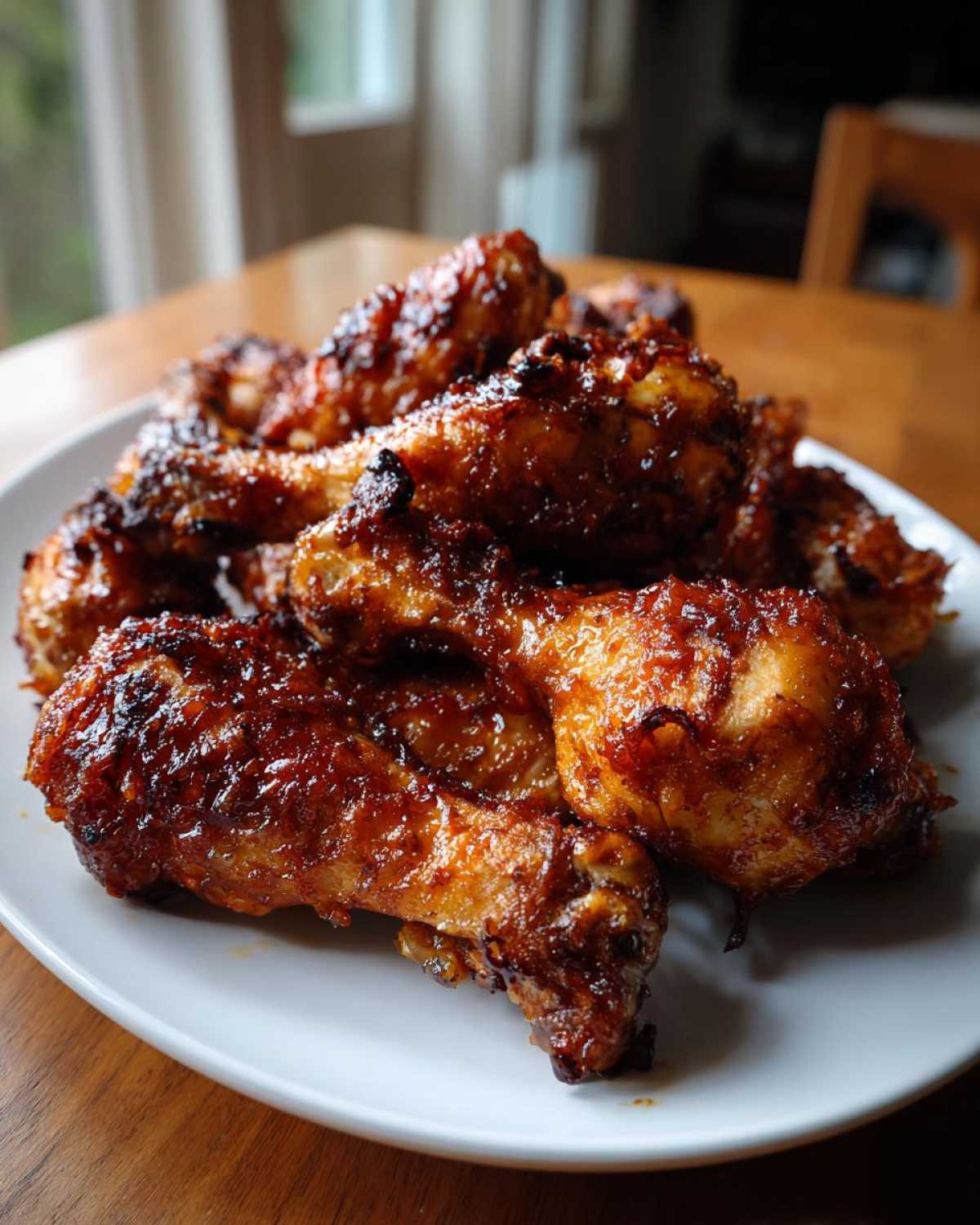 A plate piled high with crispy Sticky Honey Garlic Chicken Drumsticks, glazed with a dark, shiny sauce.