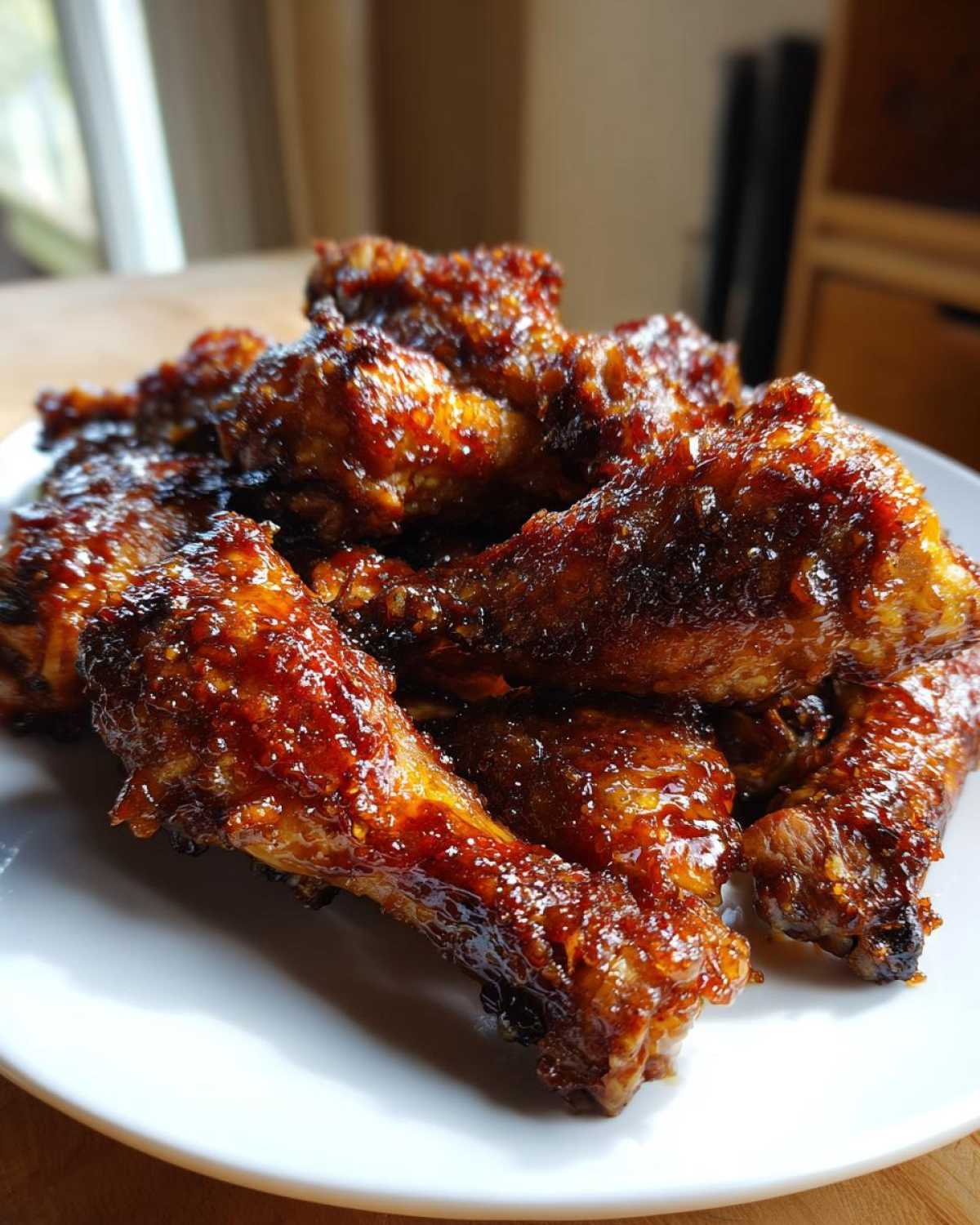 A pile of glistening, crispy Sticky Honey Garlic Chicken Drumsticks coated in a thick, dark glaze on a white plate.