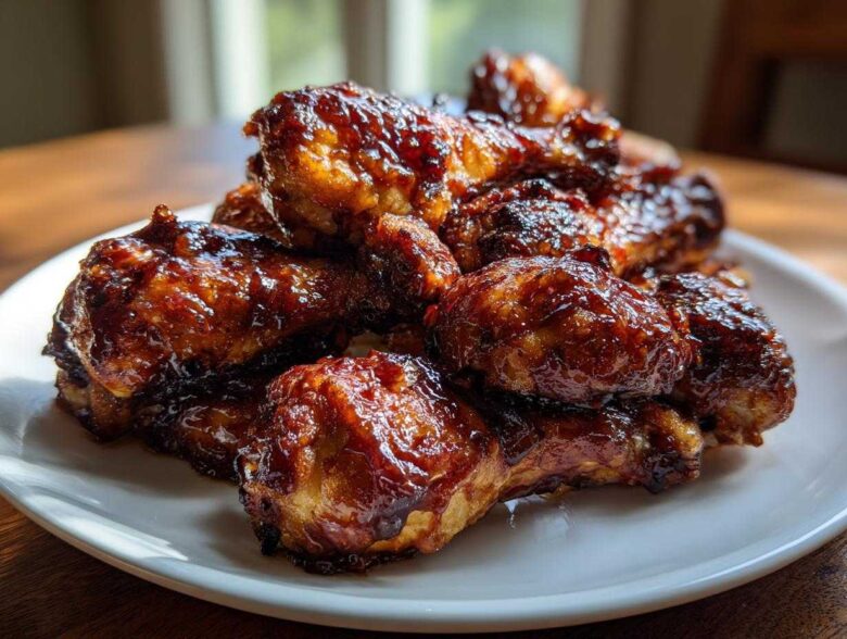 A pile of perfectly cooked Sticky Honey Garlic Chicken Drumsticks covered in a thick, glossy glaze.