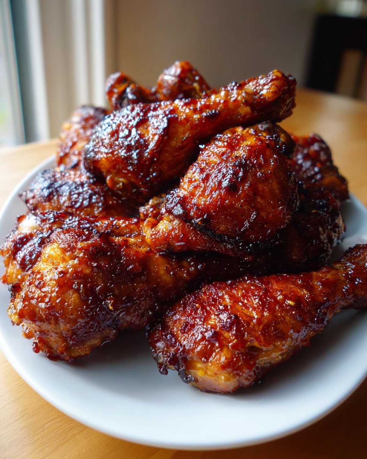 A mound of perfectly cooked, glossy Sticky Honey Garlic Chicken Drumsticks piled high on a white plate.