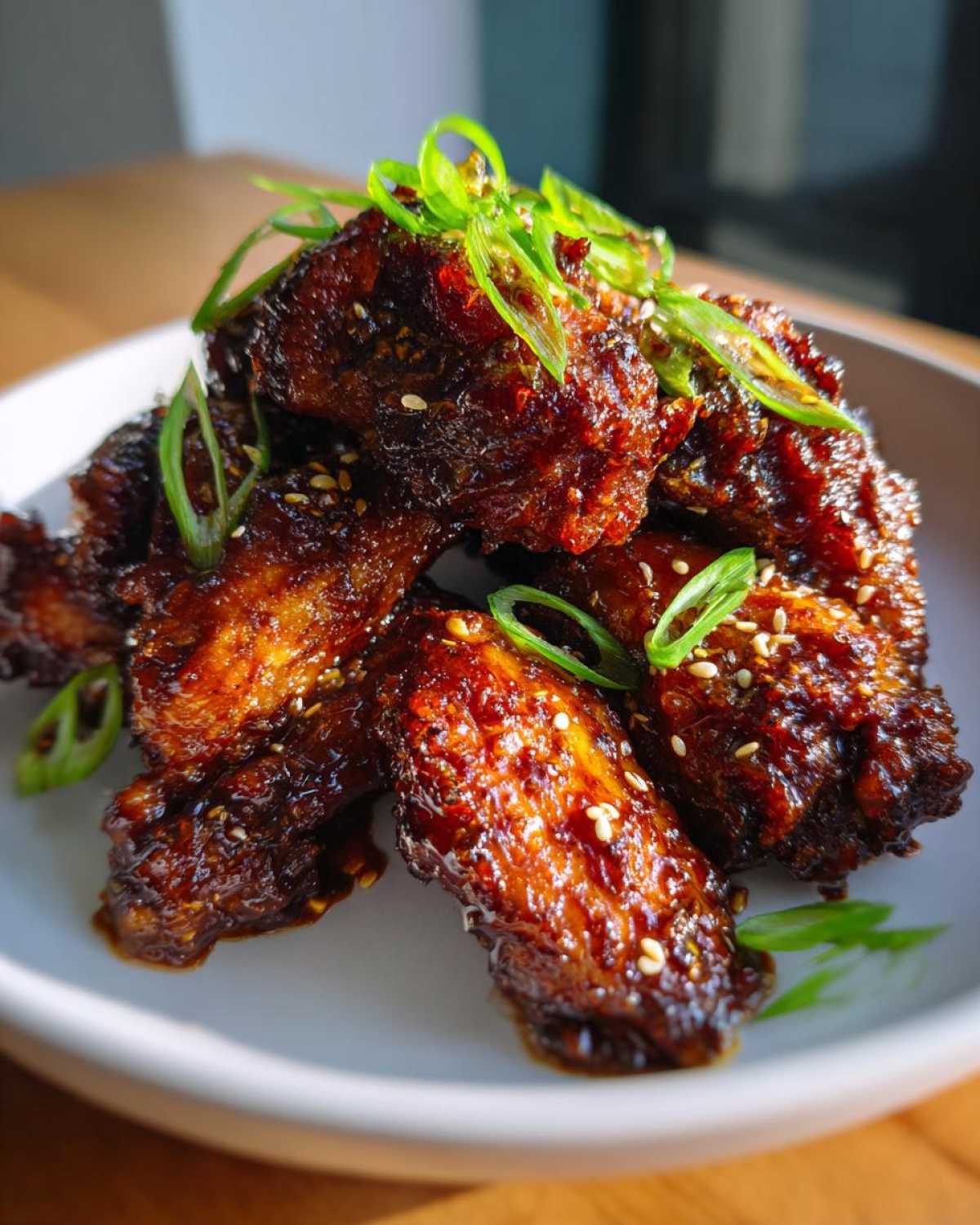 Close-up of crispy Sticky Teriyaki Chicken Wings coated in dark glaze, garnished with sesame seeds and green onions.