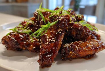 Close-up of crispy oven baked Sticky Teriyaki Chicken Wings coated in dark glaze, topped with sesame seeds and green onions.