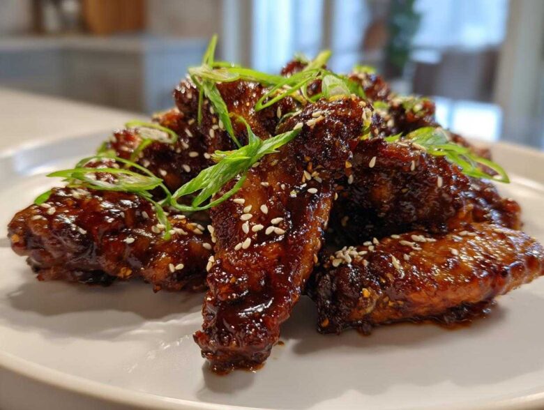 Close-up of crispy oven baked Sticky Teriyaki Chicken Wings coated in dark glaze, topped with sesame seeds and green onions.