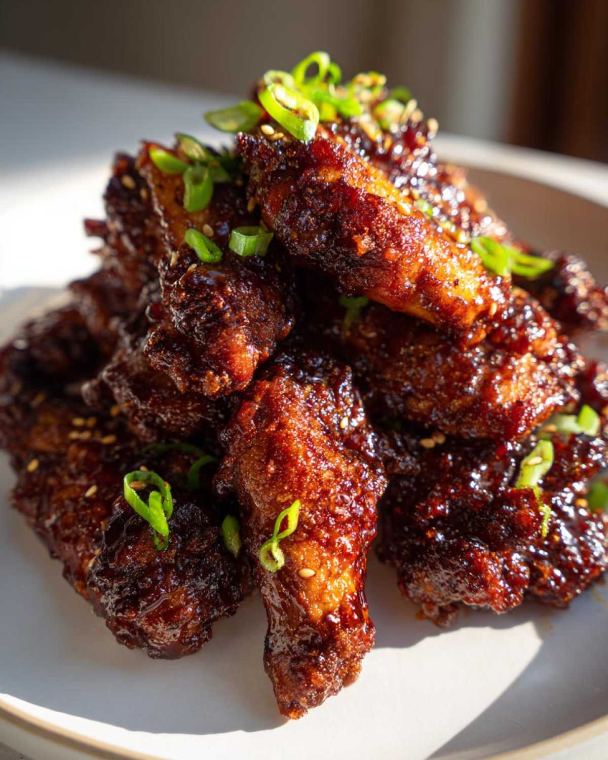 A close-up of a pile of crispy oven baked Sticky Teriyaki Chicken Wings coated in dark glaze and topped with green onions.