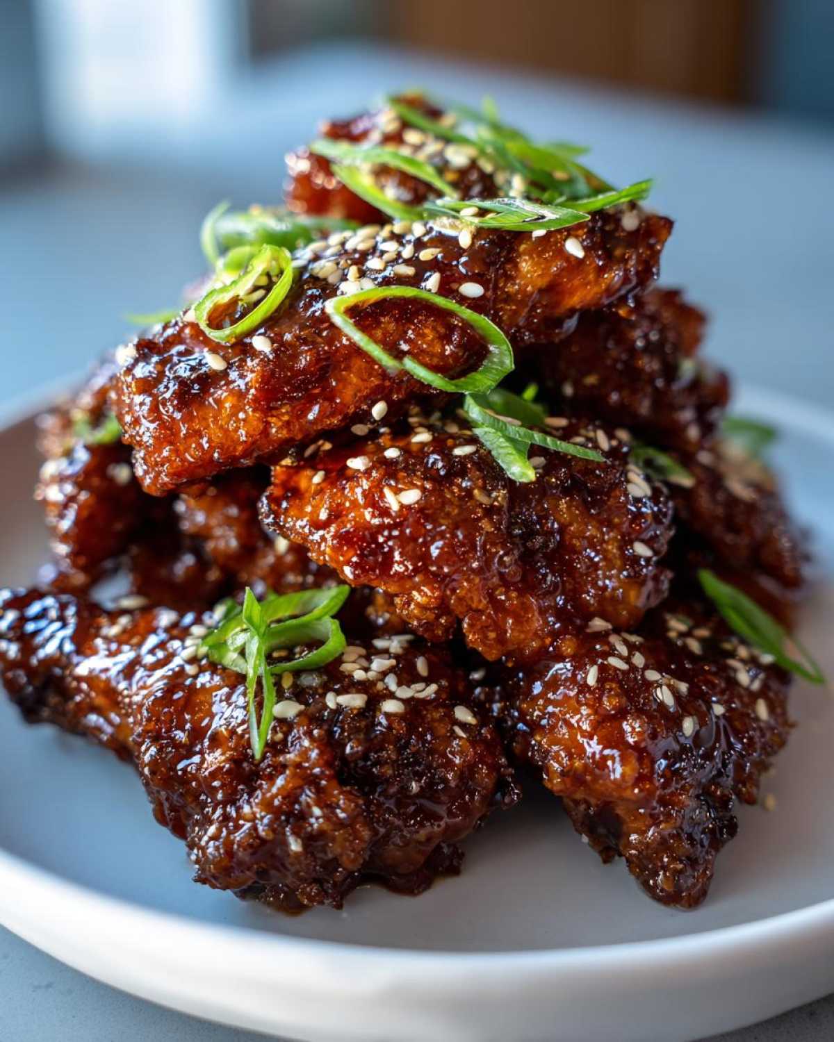 A stack of crispy oven baked Sticky Teriyaki Chicken Wings coated in glossy sauce, topped with sesame seeds and green onions.