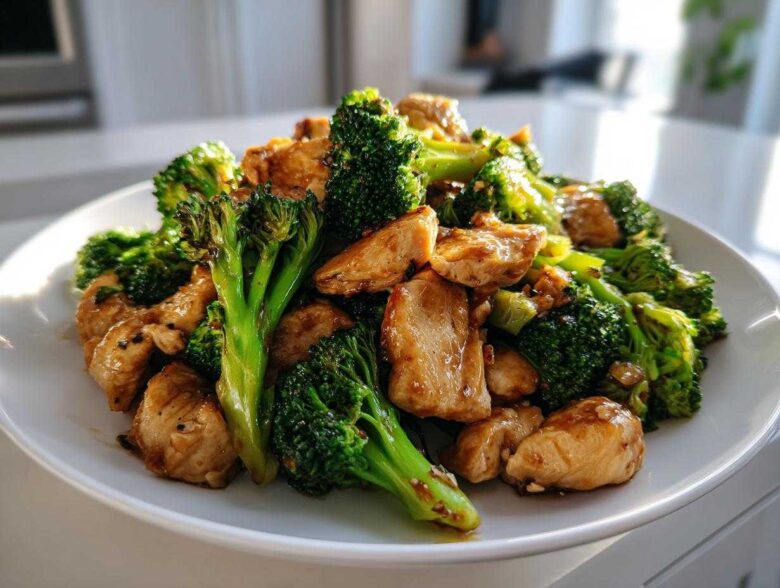 A close-up of Garlic Butter Chicken and Broccoli Stir Fry served on a white plate.