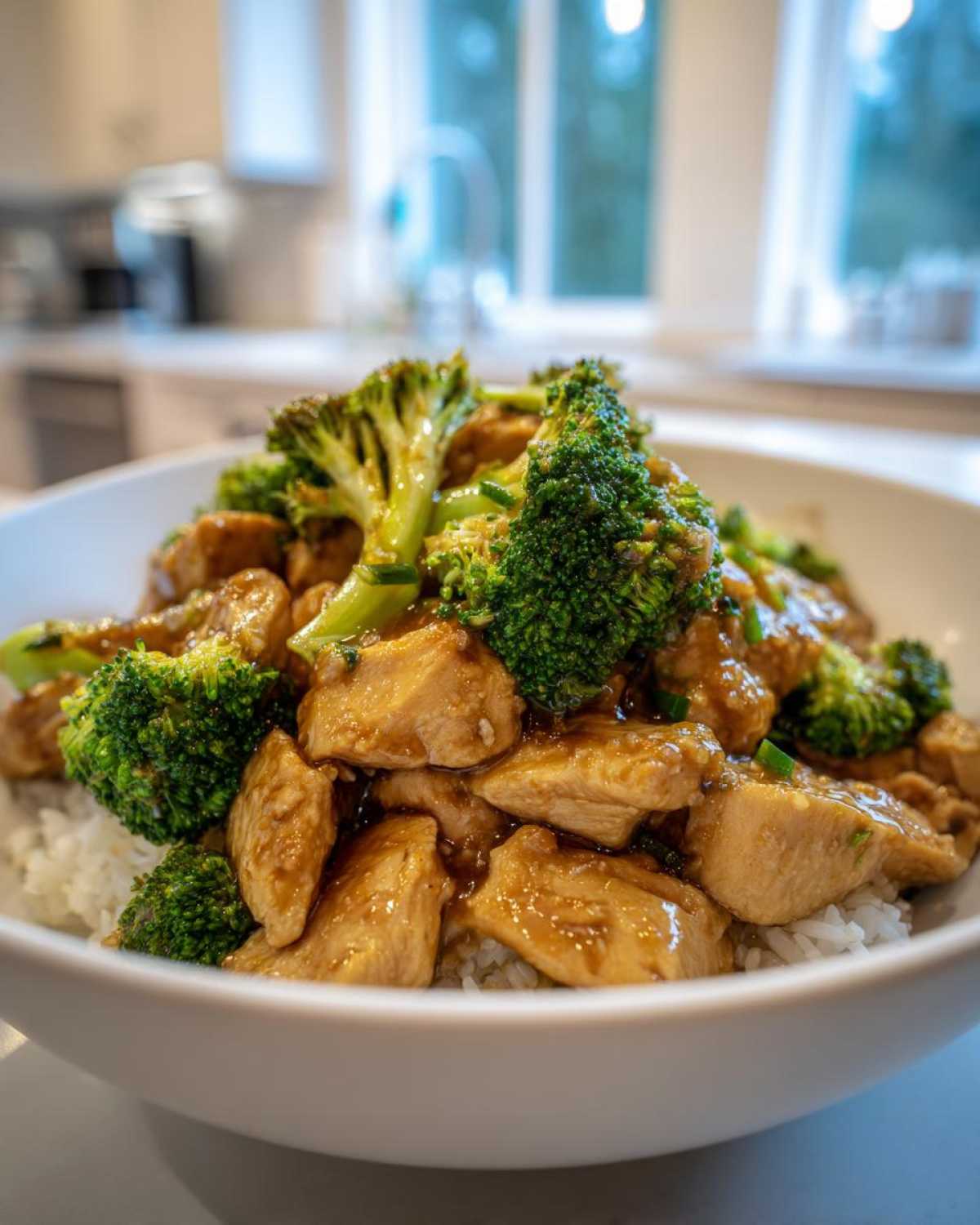 Close-up of Garlic Butter Chicken and Broccoli Stir Fry served over white rice in a white bowl.