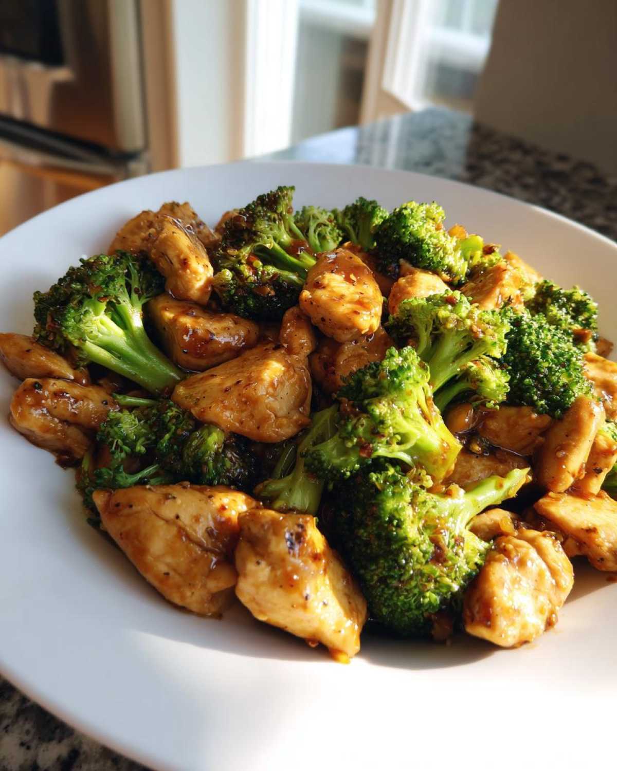 Close-up of Garlic Butter Chicken and Broccoli Stir Fry coated in a glossy sauce, served on a white plate.