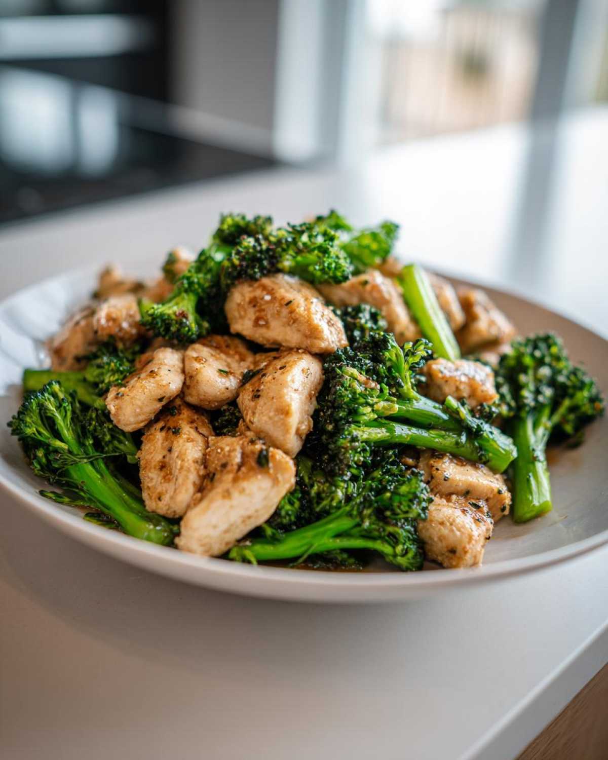 Close-up of tender chicken pieces mixed with bright green broccoli florets in Garlic Butter Chicken and Broccoli Stir Fry.